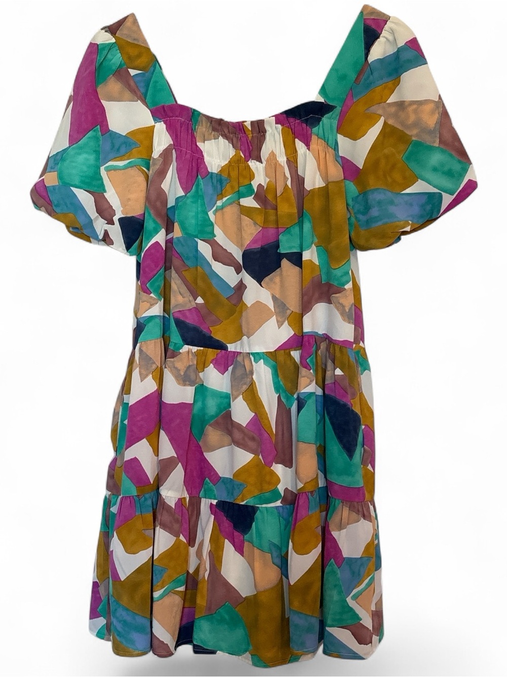 Joy Joy Women’s Colorful Abstract Print Tiered Mini Dress Puff Sleeve Boho Style